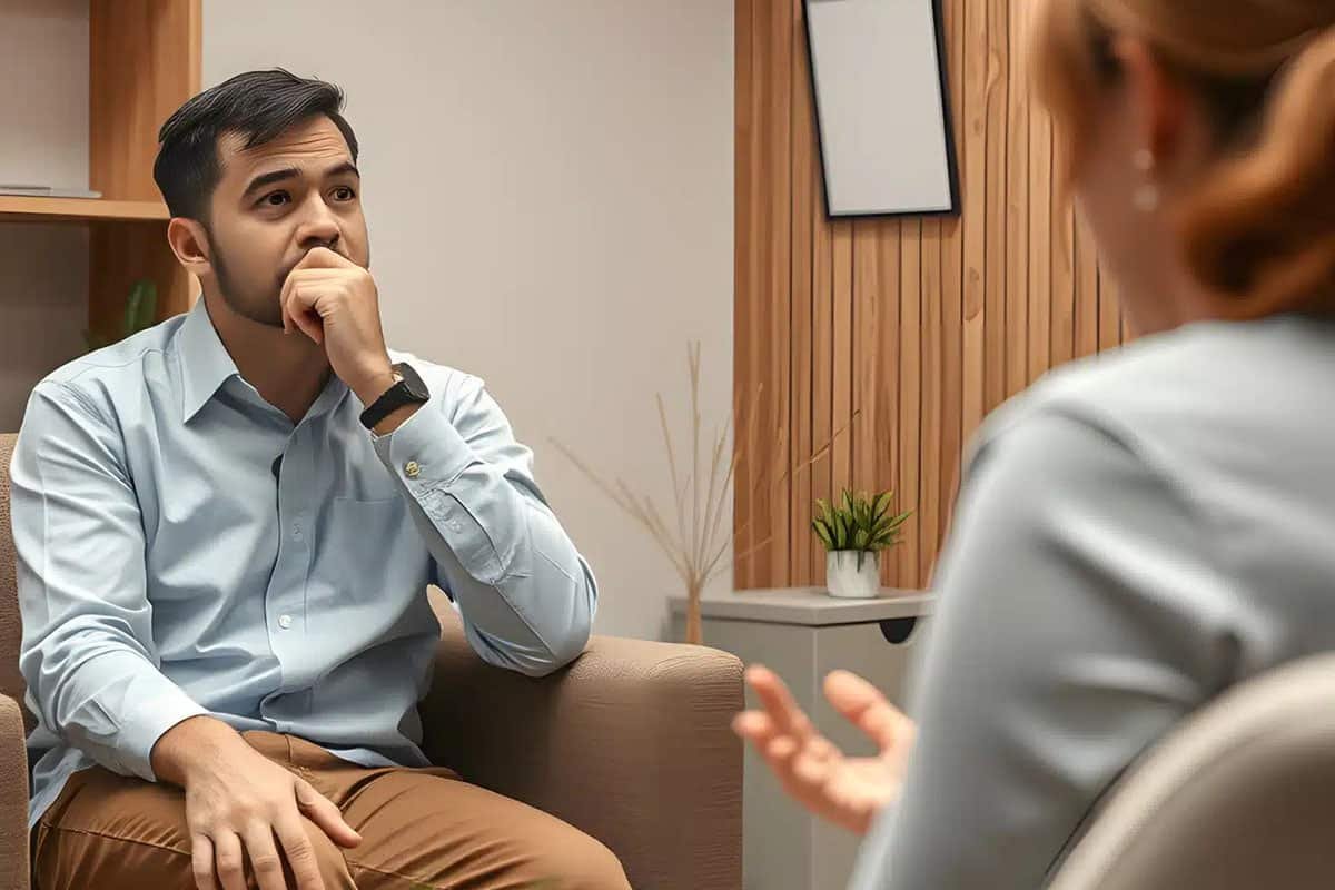 depressed male patient having psychotherapy session with counselor mental health clinic man
