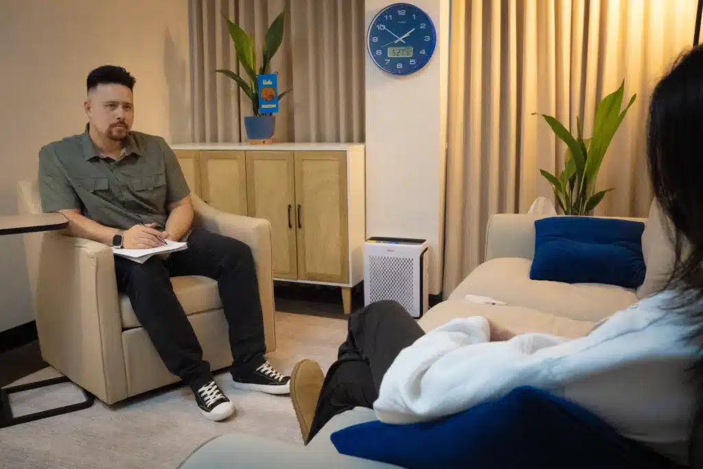 HUB San Ramon 1 Therapist conducting individual therapy session with client in cozy private practice office in Dublin, CA serving San Ramon, Danville, Pleasanton, and Castro Valley